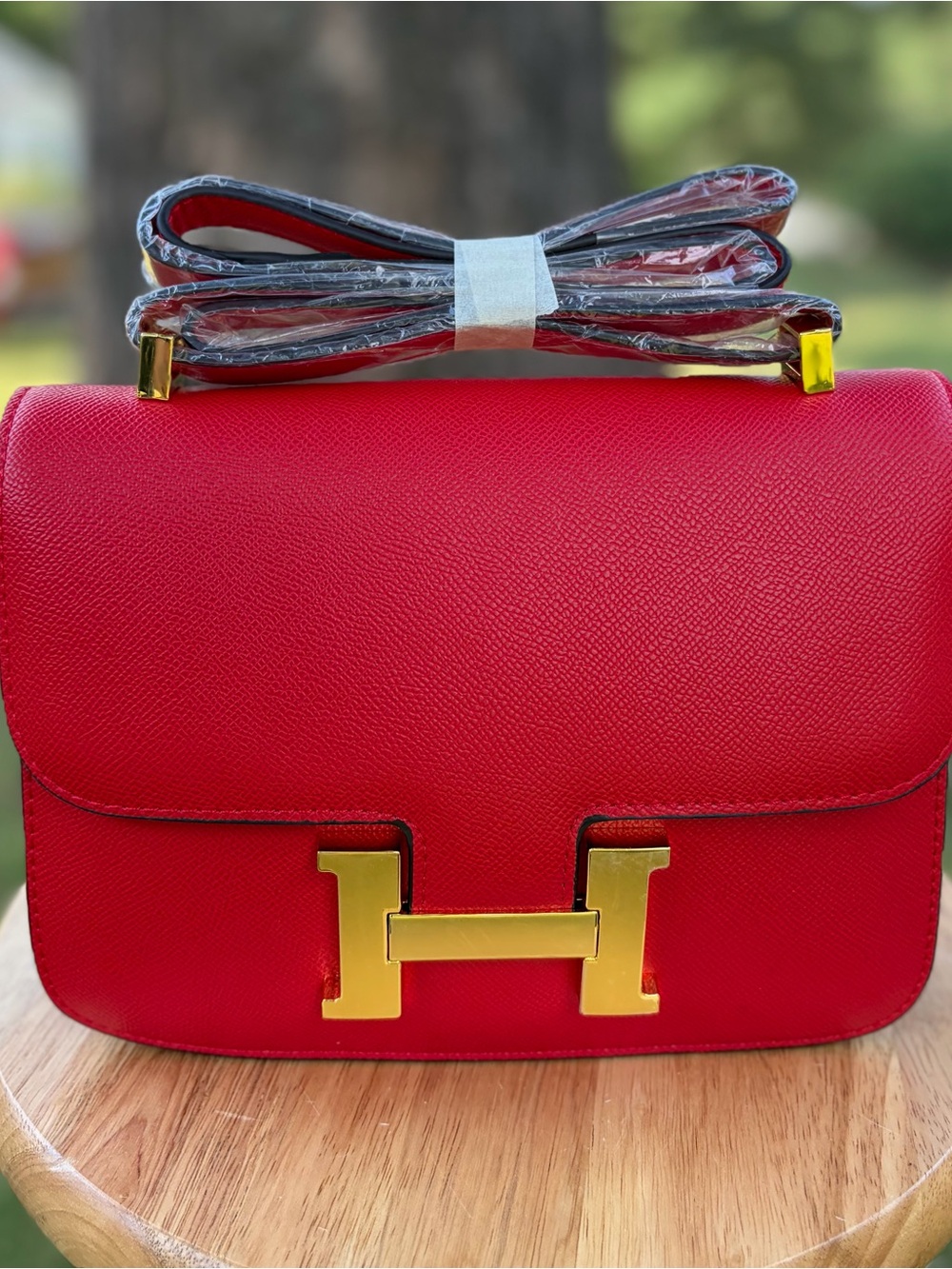 Red Real Leather Shoulder/Crossbody Bag with Gold Hardware and H closure